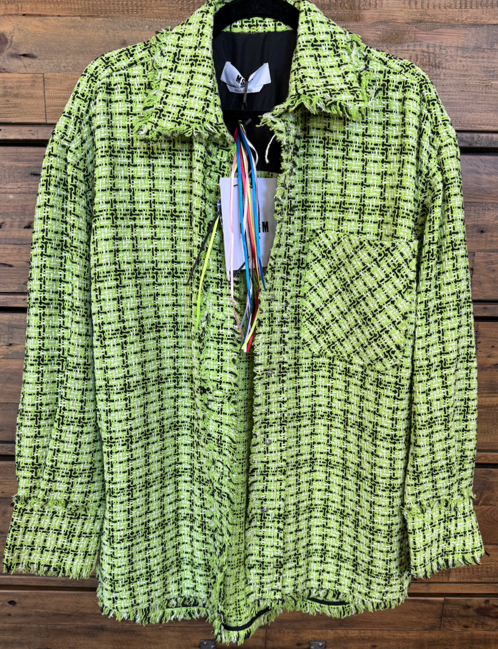 MSGM Jacket Sz IT-40 US-4 Green Tweed Check Fringe Collared Snap Front Italy NWT